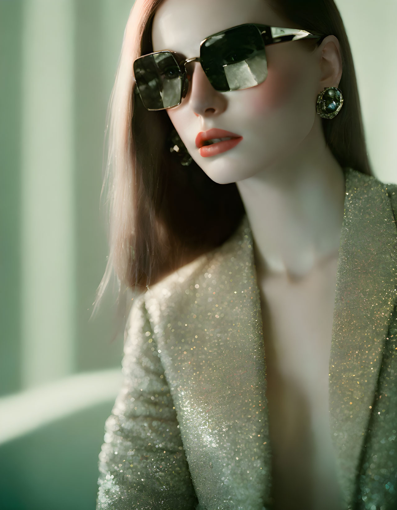 Woman in glamorous sunglasses and glittery outfit by window with curtains.