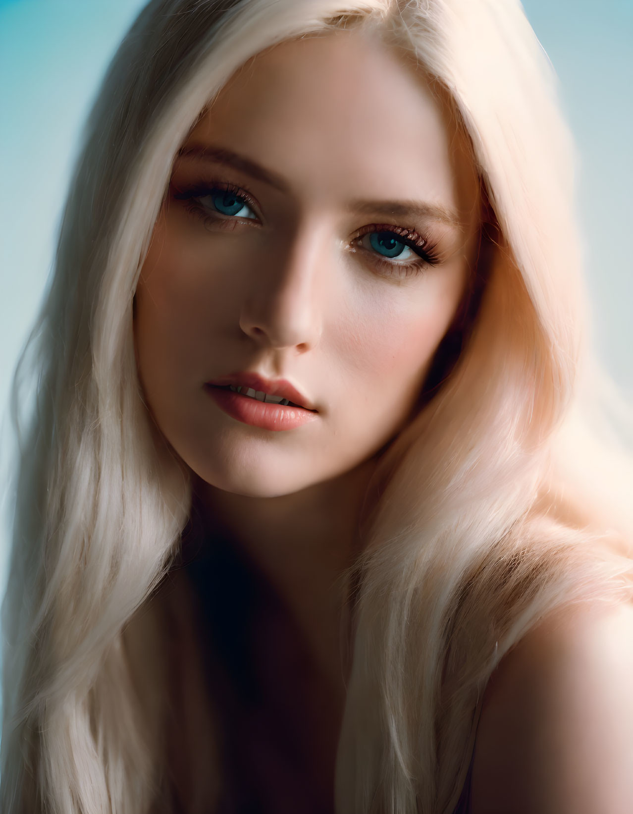 Portrait of person with long blonde hair, blue eyes, fair skin on soft blue background