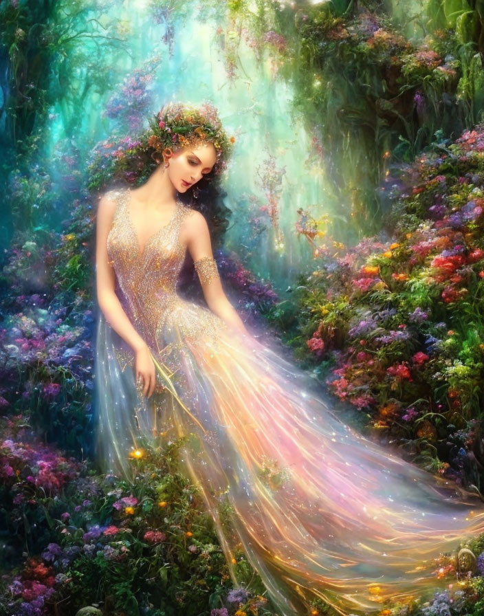 Woman in Sparkly Dress Among Vibrant Garden Blooms