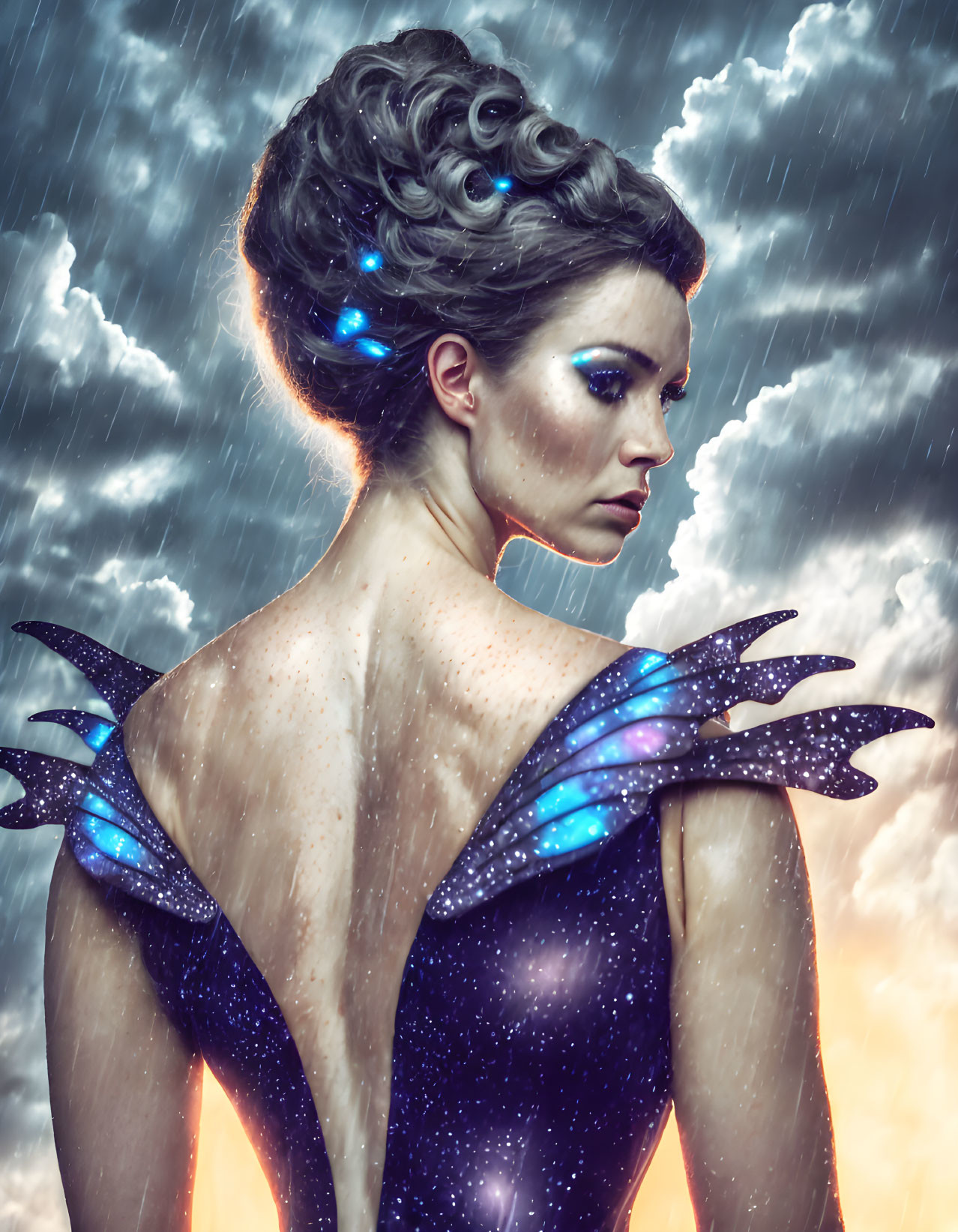 Futuristic woman with galaxy makeup under blue lights