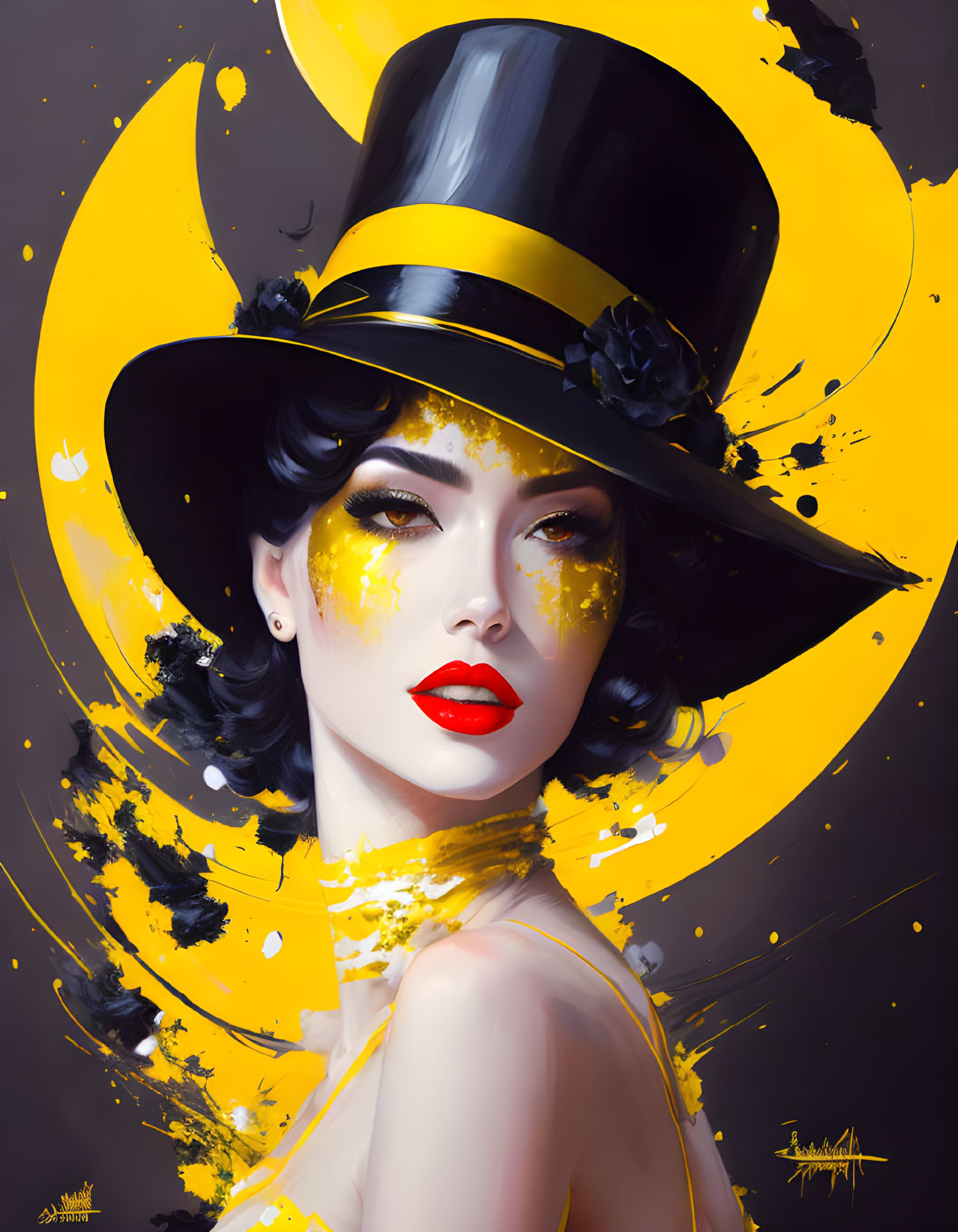 Stylized portrait of a woman with red lips and black hat in dynamic yellow and black floral accents