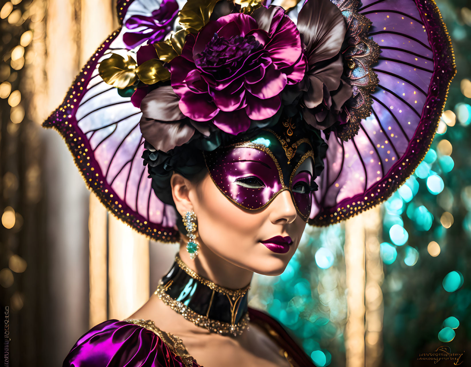 Lavish purple and gold Venetian mask with decorative fan and ornate flowers