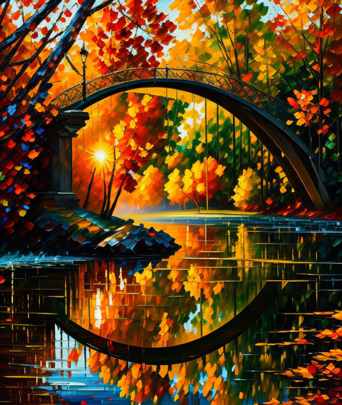 Autumn scene: Vibrant arched bridge over calm river with sunset reflections