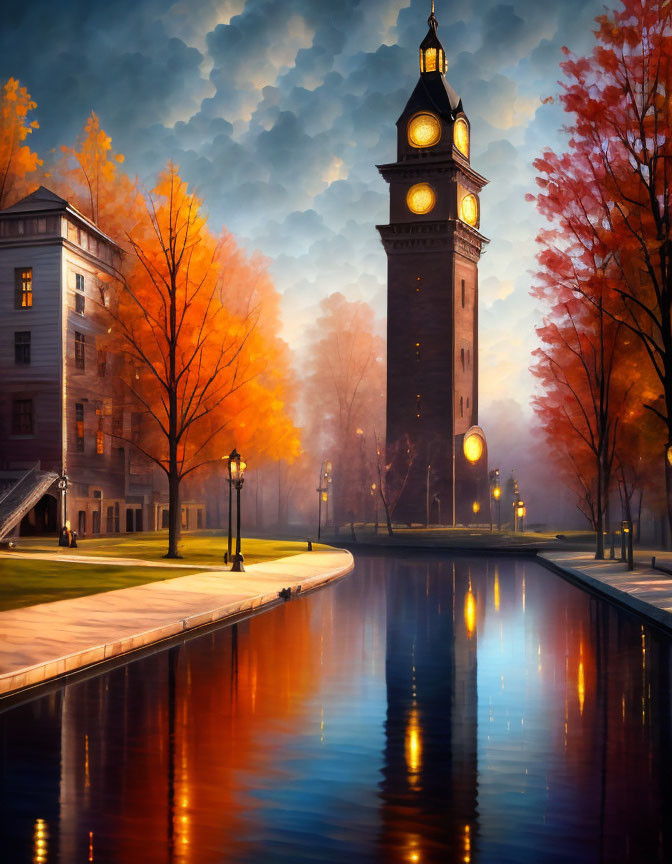 Illuminated clock tower by river at dusk with autumn trees reflected.