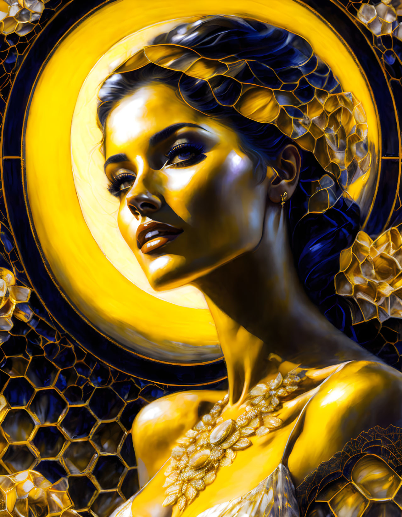 Golden Jewelry-Adorned Woman in Honeycomb Pattern with Radiant Halo