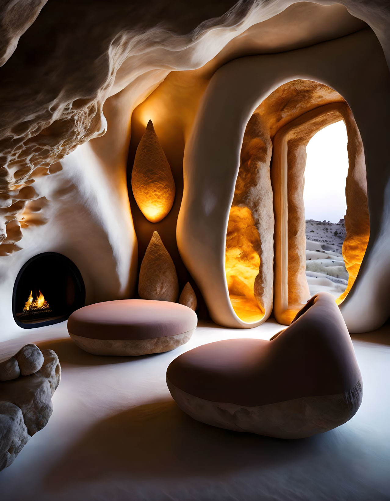 Futuristic cave-style interior with fireplace and warm lighting overlooking barren landscape