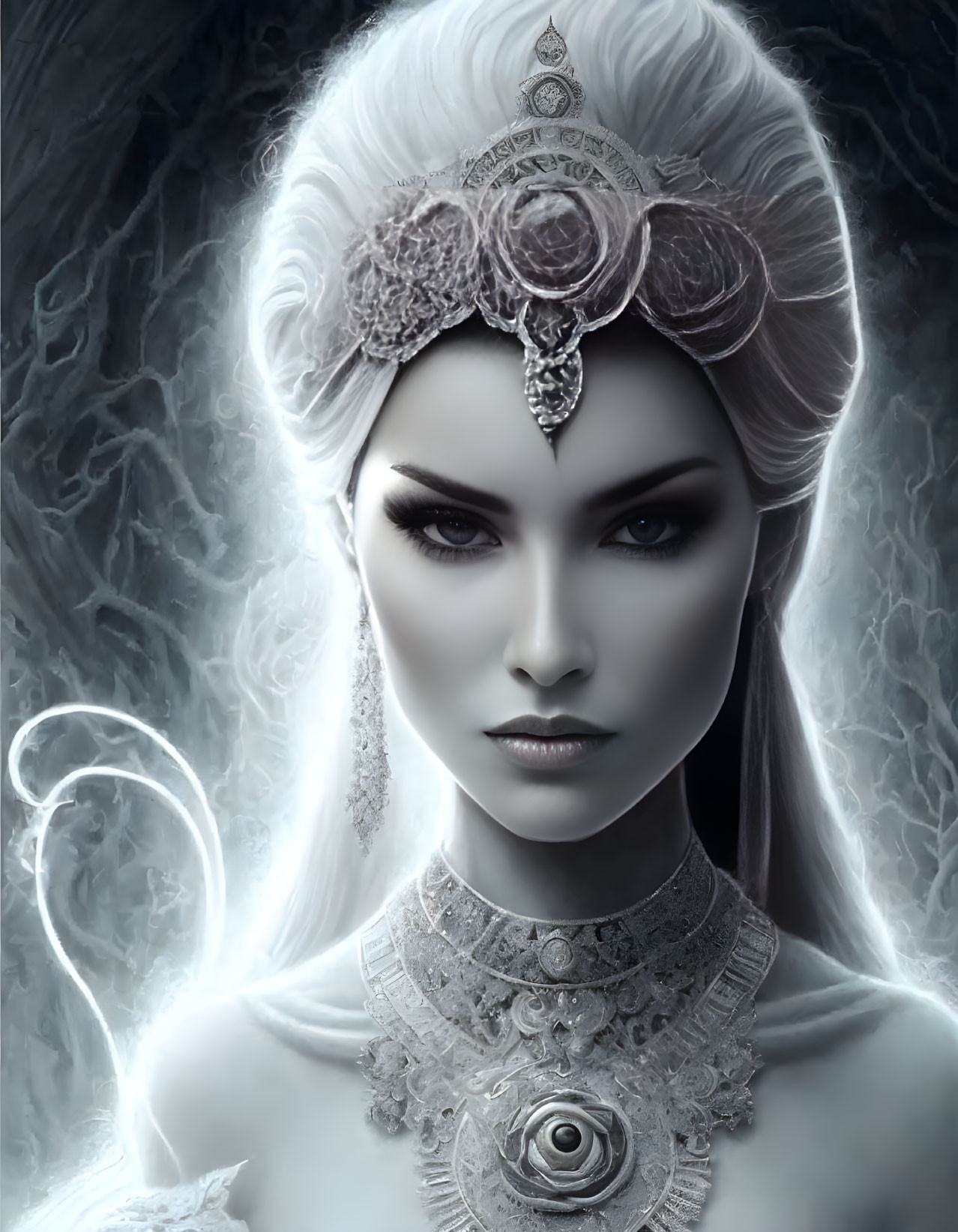 Ethereal woman with pale skin and silver headpiece in fantasy illustration