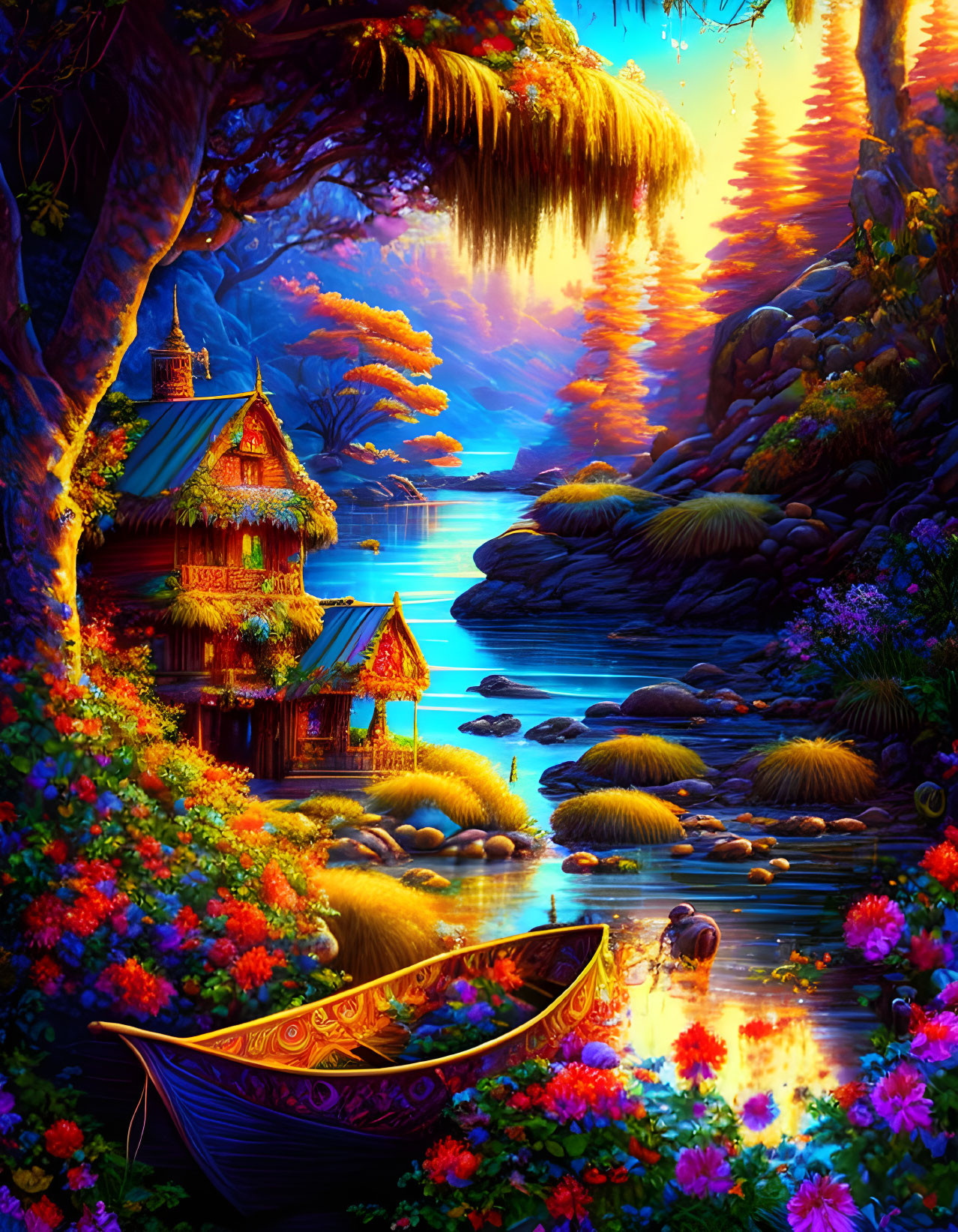 Colorful landscape with river, houses, boat, plants, and illuminated trees.