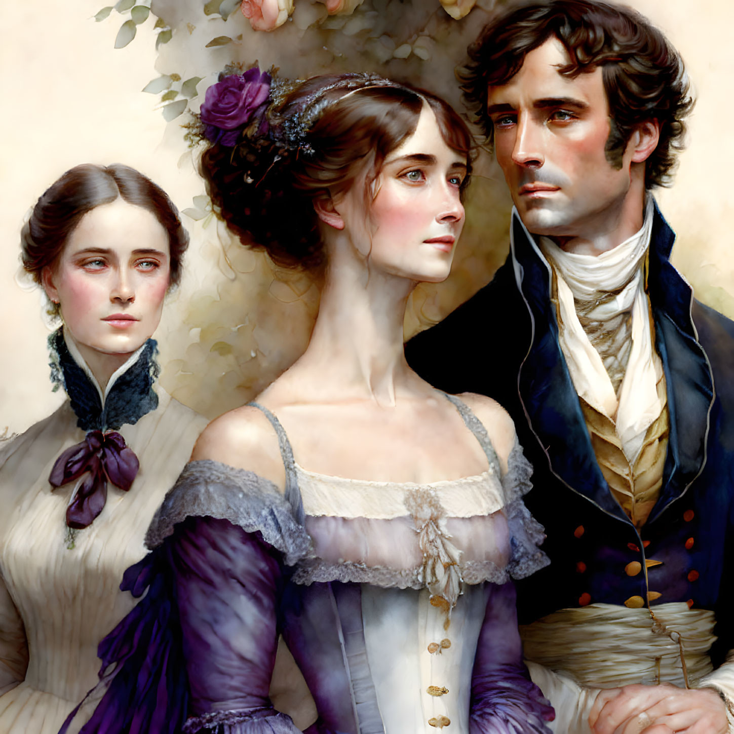 Romantic digital painting of two women and a man in vintage attire