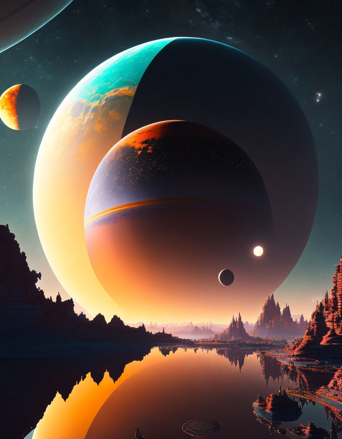 Colorful sci-fi landscape with large planets and alien terrain