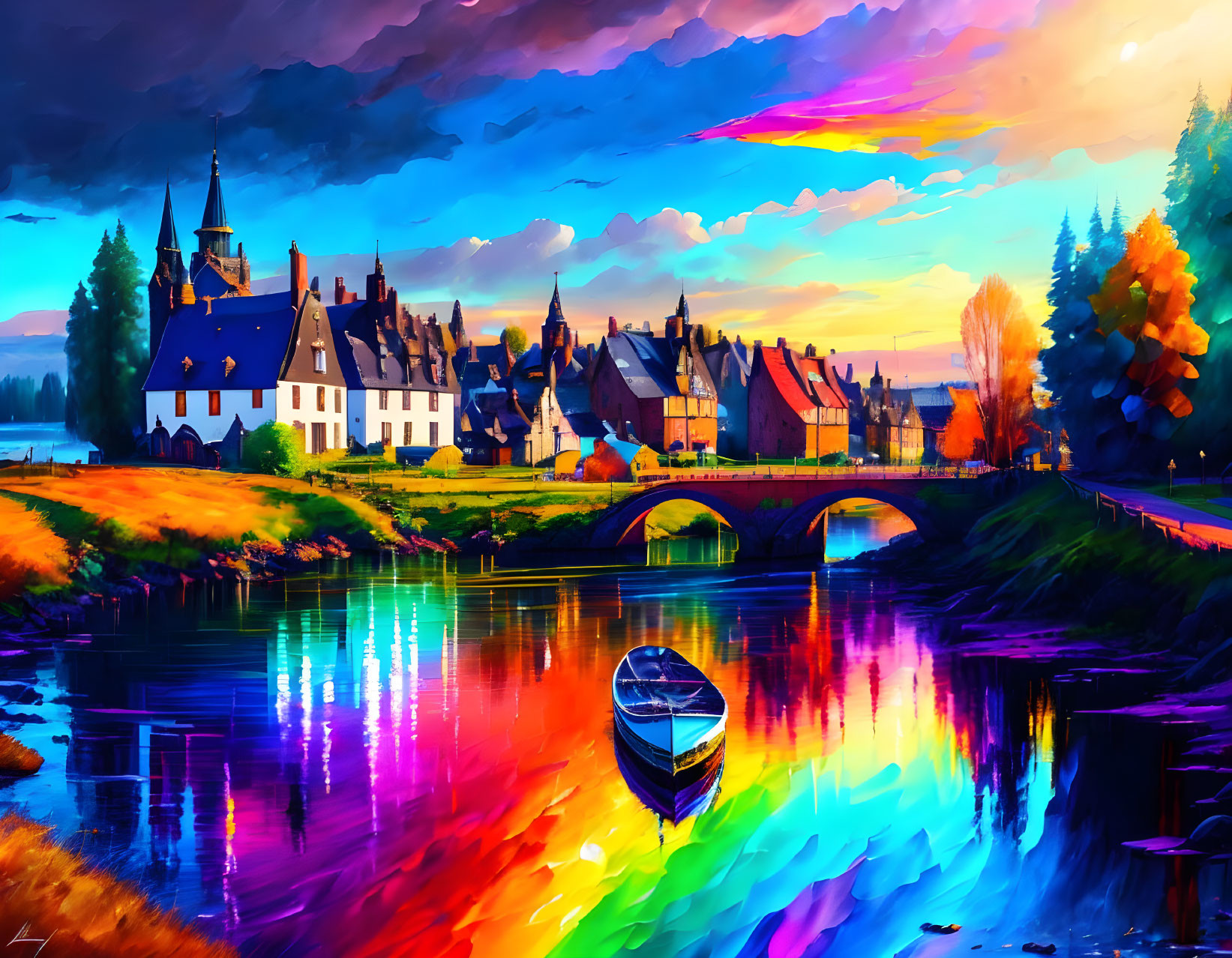 Colorful painting: Quaint village, river, boat, bridge, reflective water, dramatic sunset sky