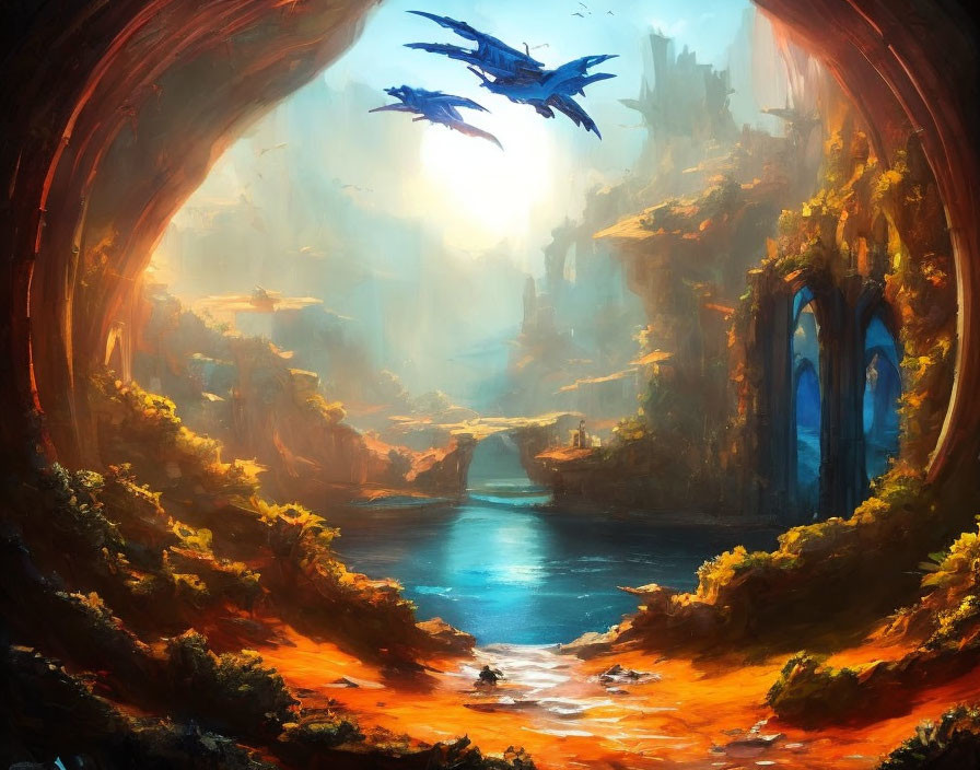 Fantastical landscape with glowing cavern, river, ruins, dragons, and sunrise