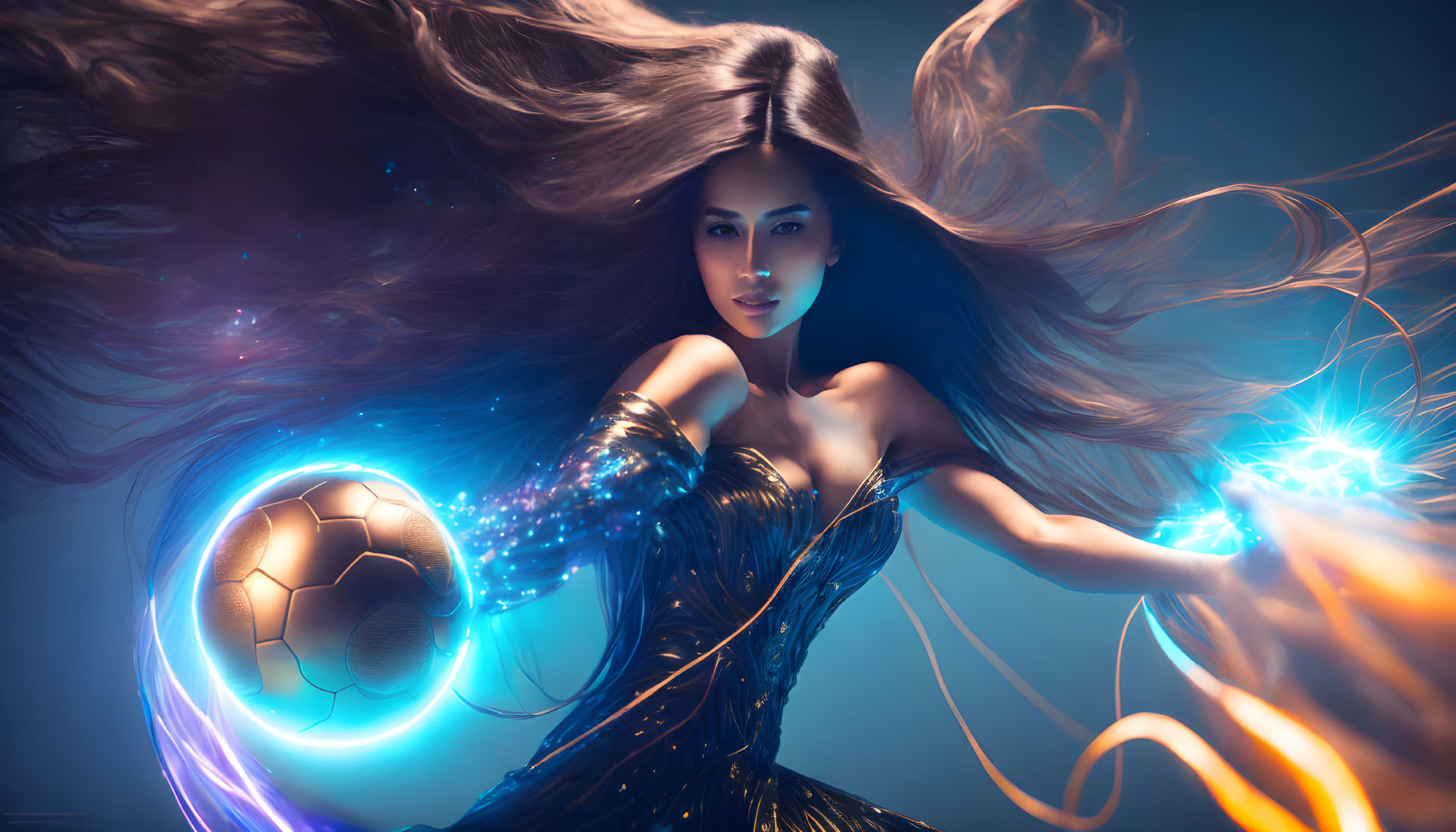 Fantastical image of woman with glowing orb against blue backdrop