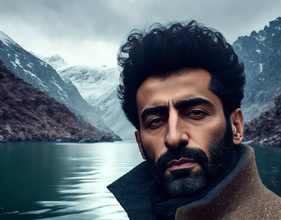 Bearded man in winter coat by mountain lake and snowy peaks