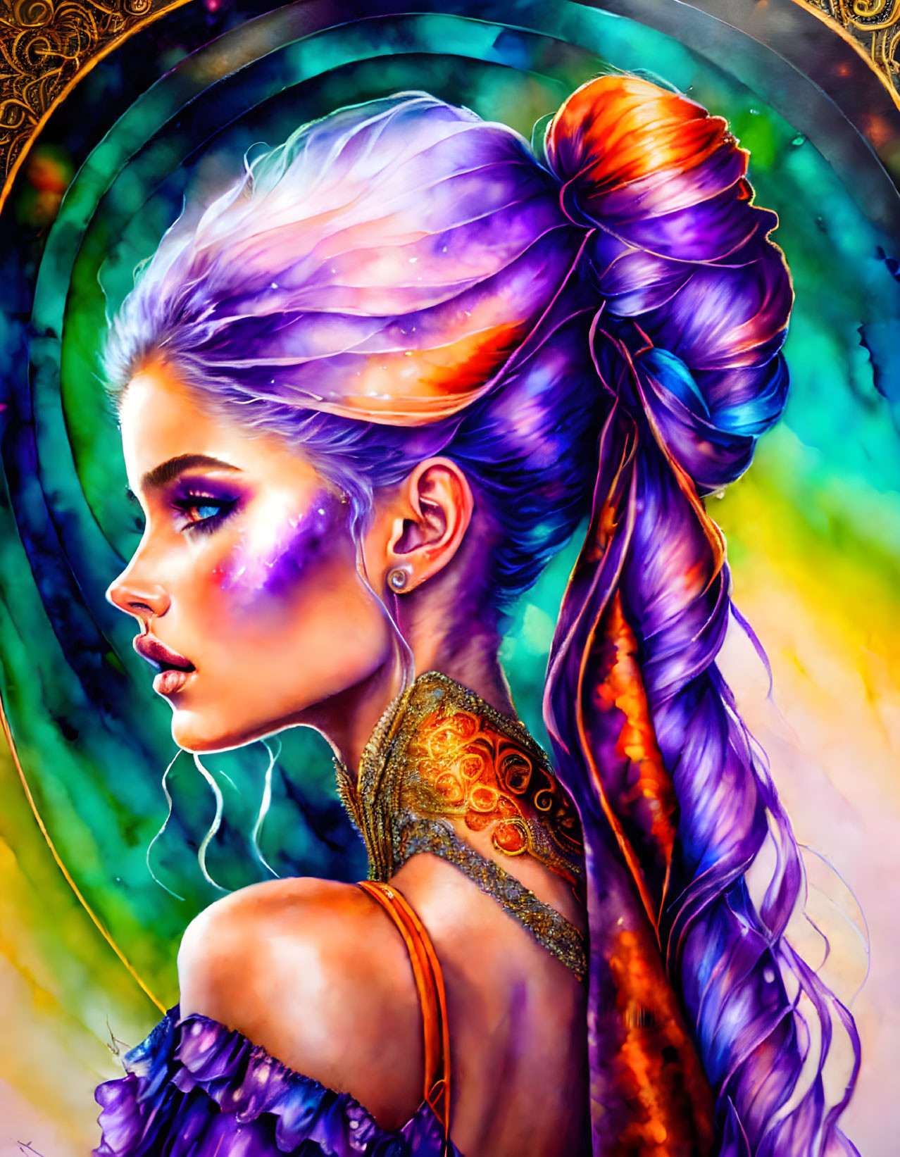 Colorful digital artwork featuring a woman with purple hair and ornate jewelry