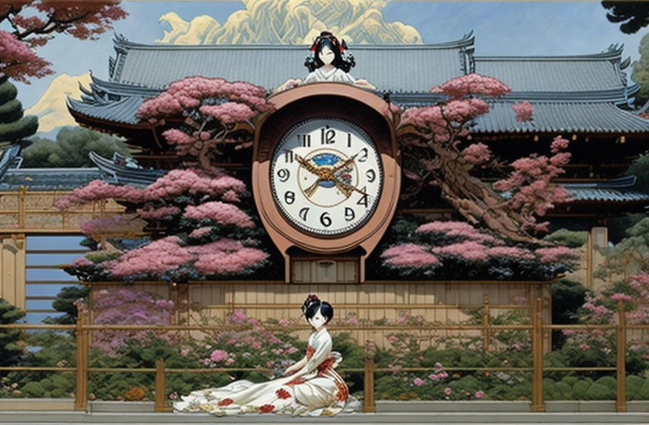 Traditional Japanese scene with ornate clock, bird, woman in kimono, and cherry blossoms