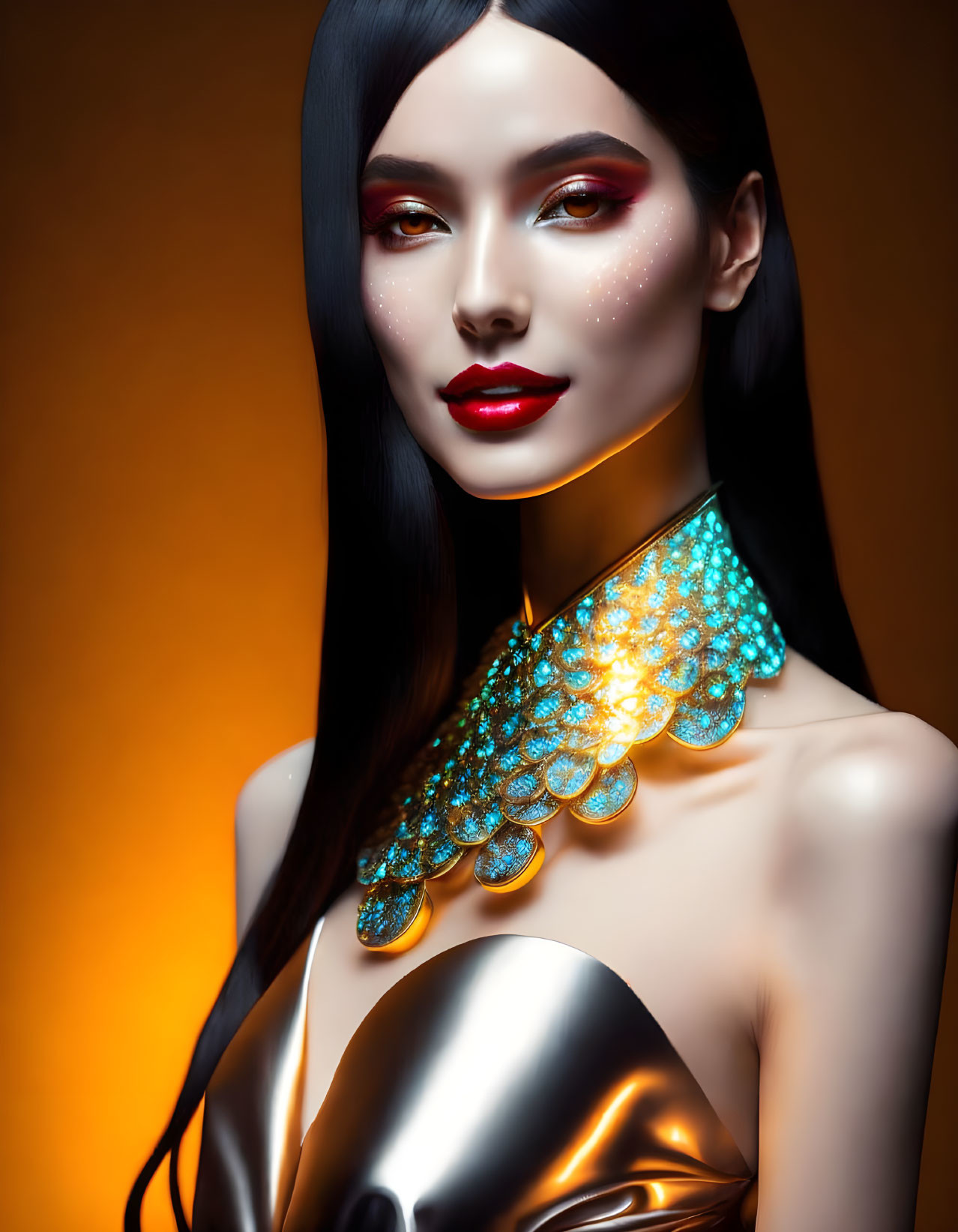 Woman with black hair, red eye makeup, golden bodice, and turquoise necklace on amber background