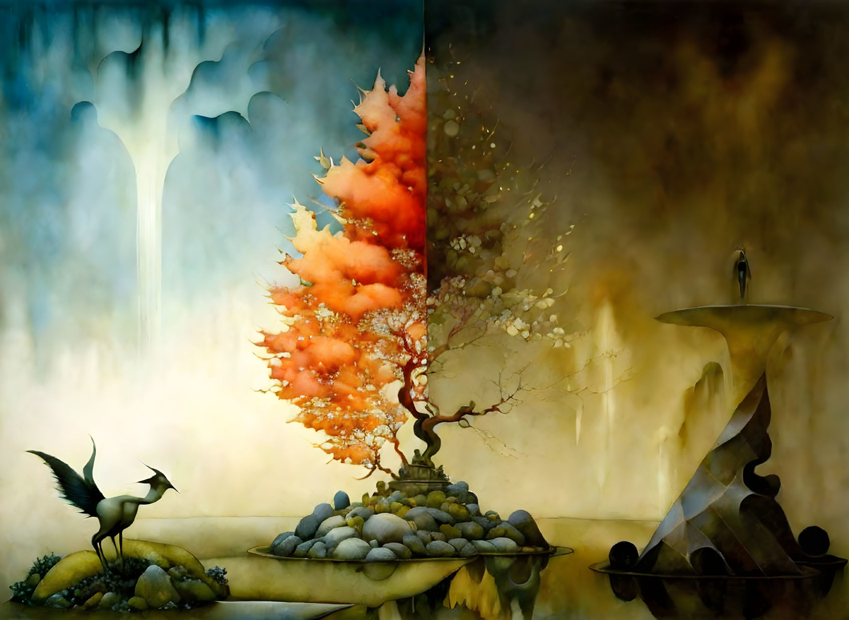 Surreal artwork: Dividing tree, contrasting seasons, bird, figure on bridge