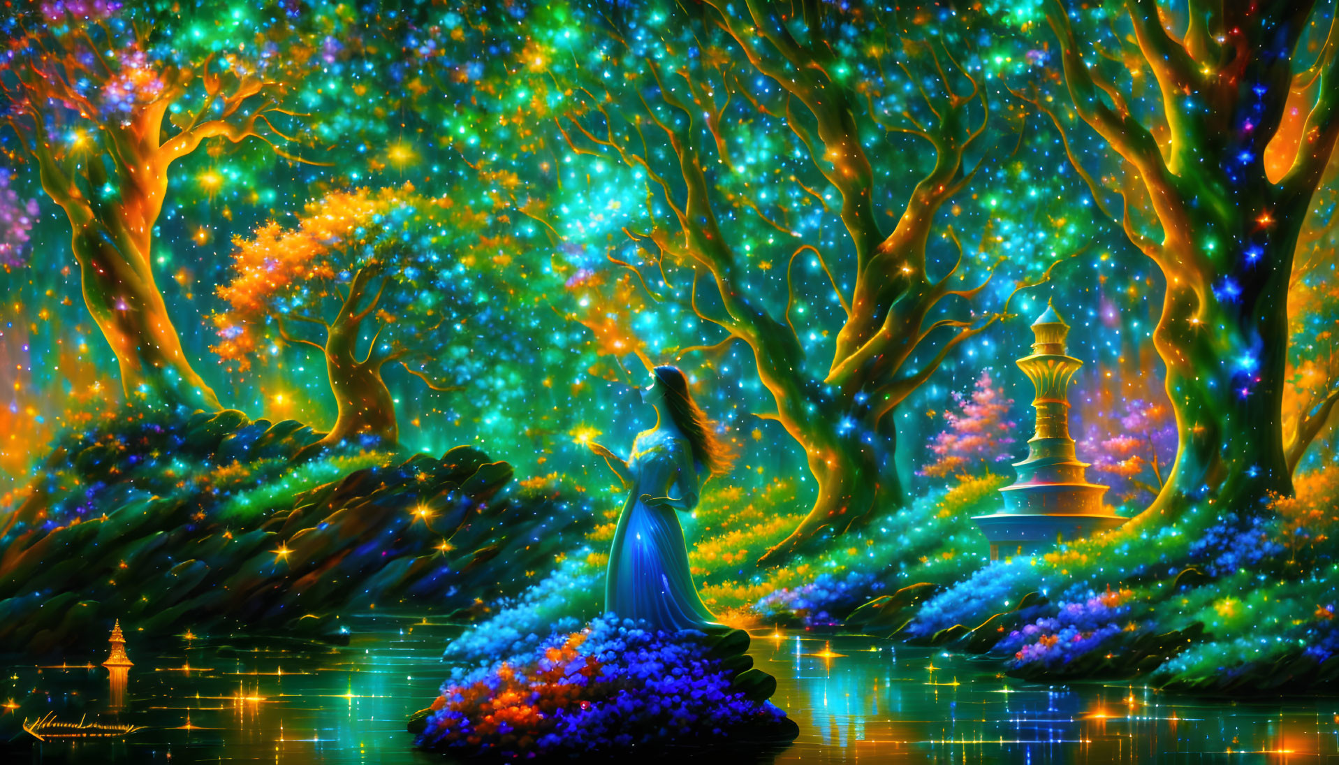 Person in vibrant, luminous forest under starry sky