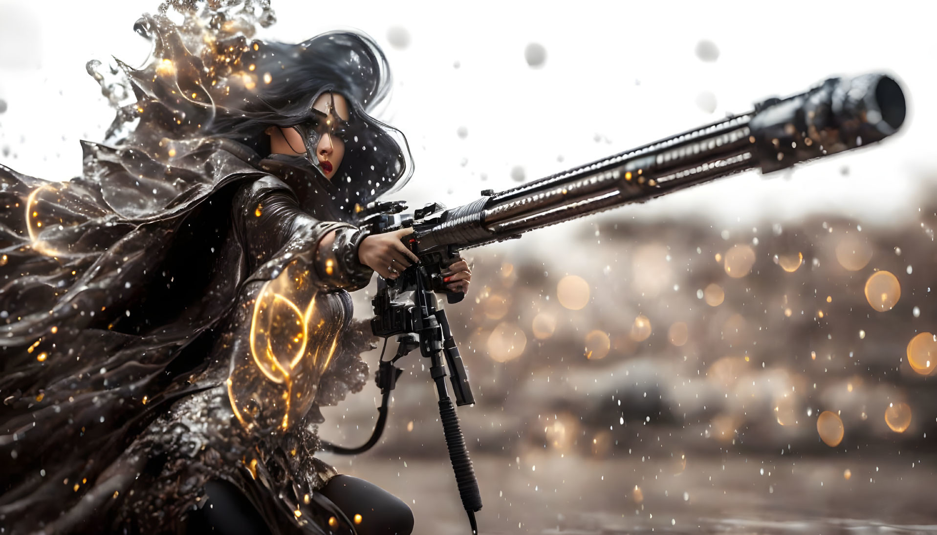 Figure in flowing black cloak wields oversized gun in rain droplets.