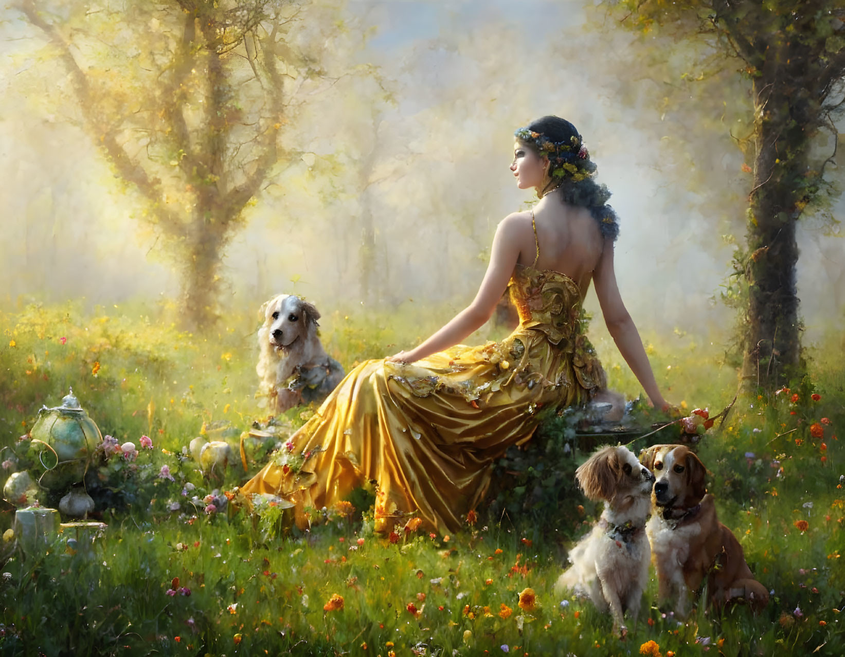 Woman in golden dress with leaf headband in sunlit forest with dogs and flowers