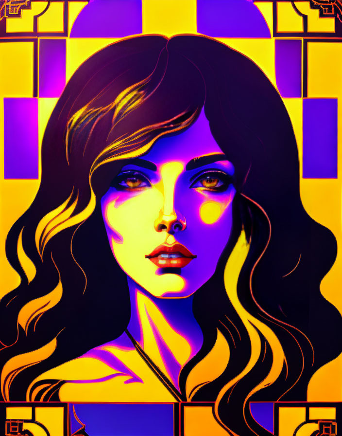 Colorful digital portrait of woman with wavy hair on stained-glass background