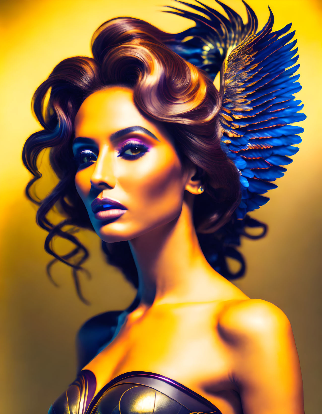 Woman with vibrant makeup and blue-winged accessory against surreal golden backdrop