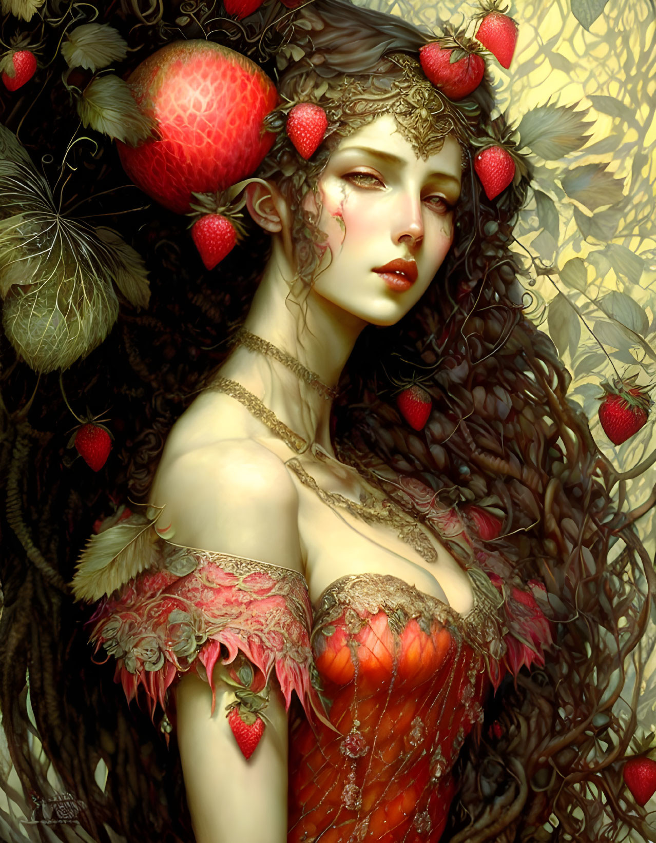 Fantasy female figure with intricate foliage headdress and red fruits.