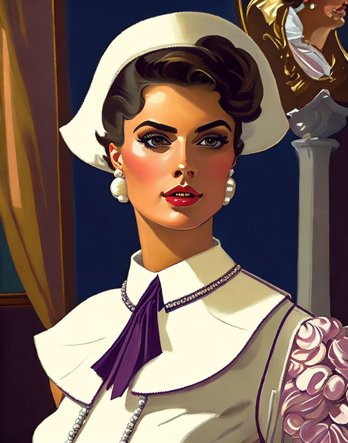 Vintage-style portrait of woman in white hat and elegant attire with purple scarf