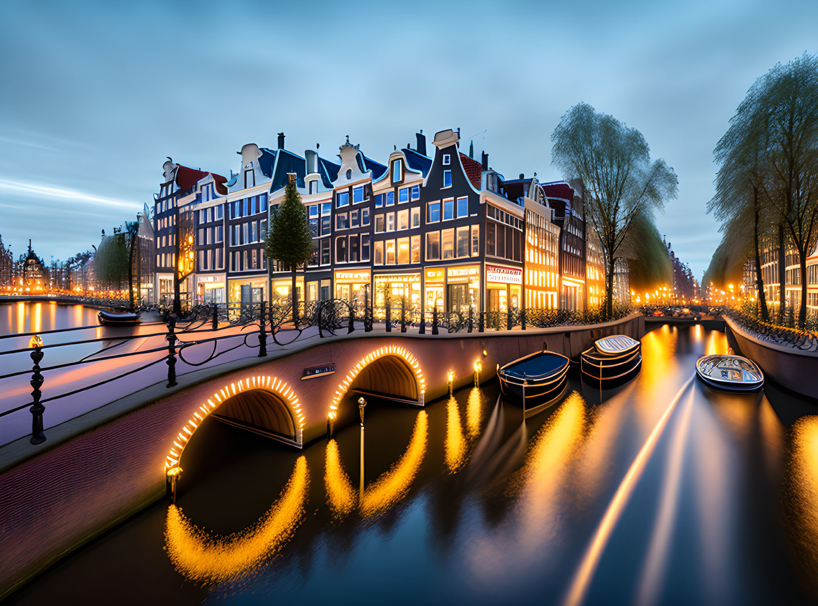 Amsterdam cityscape: canal, bridges, Dutch buildings, boats