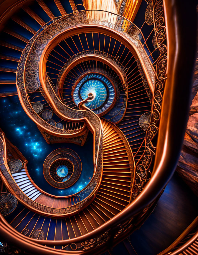 Ornate metal spiral staircase against cosmic starry background