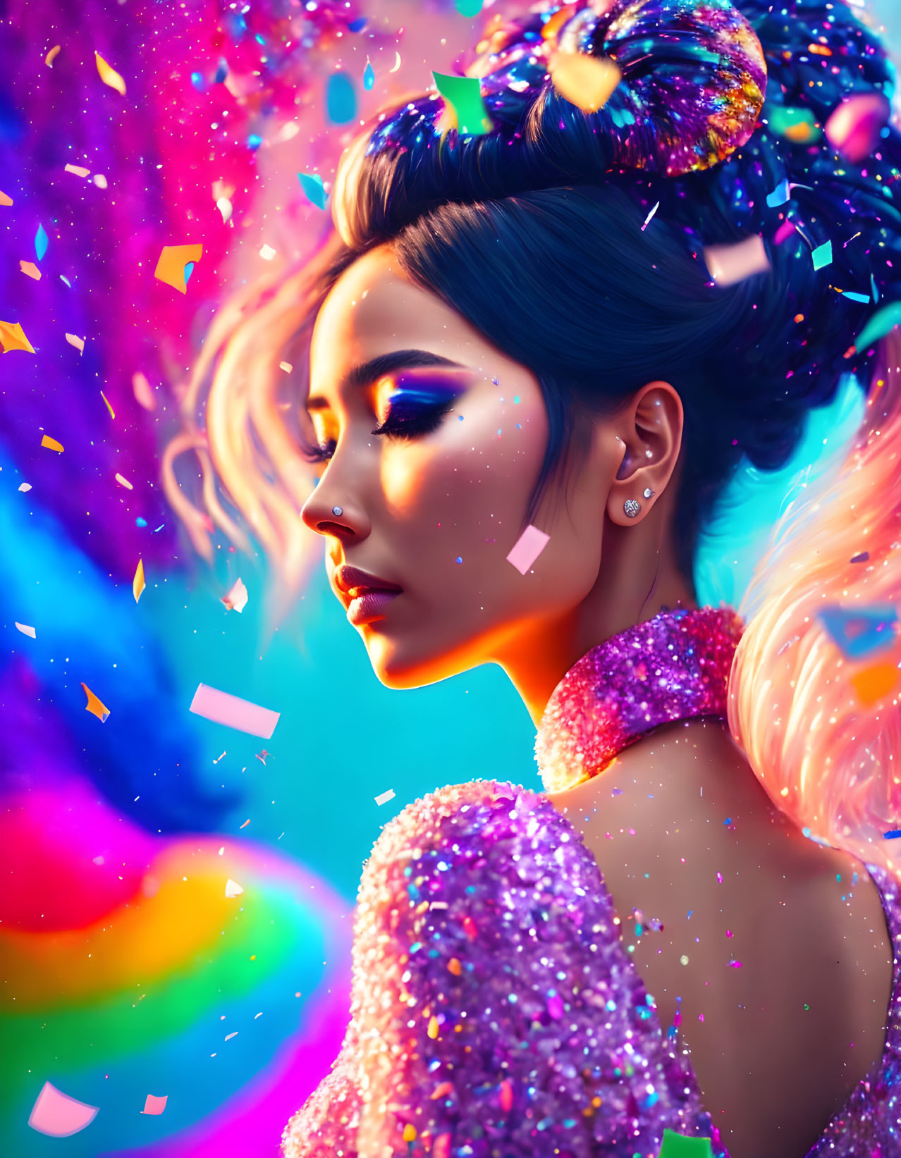 Colorful Digital Portrait of Woman with Glittering Makeup and Attire