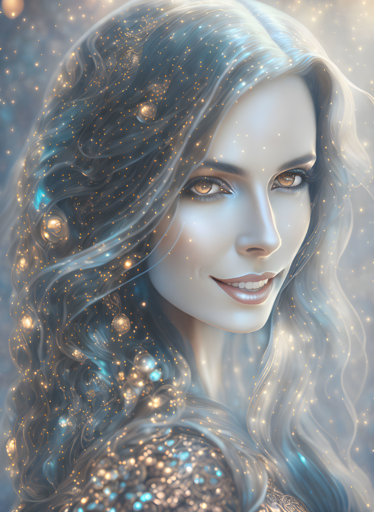 Smiling woman with wavy hair and stars in digital art