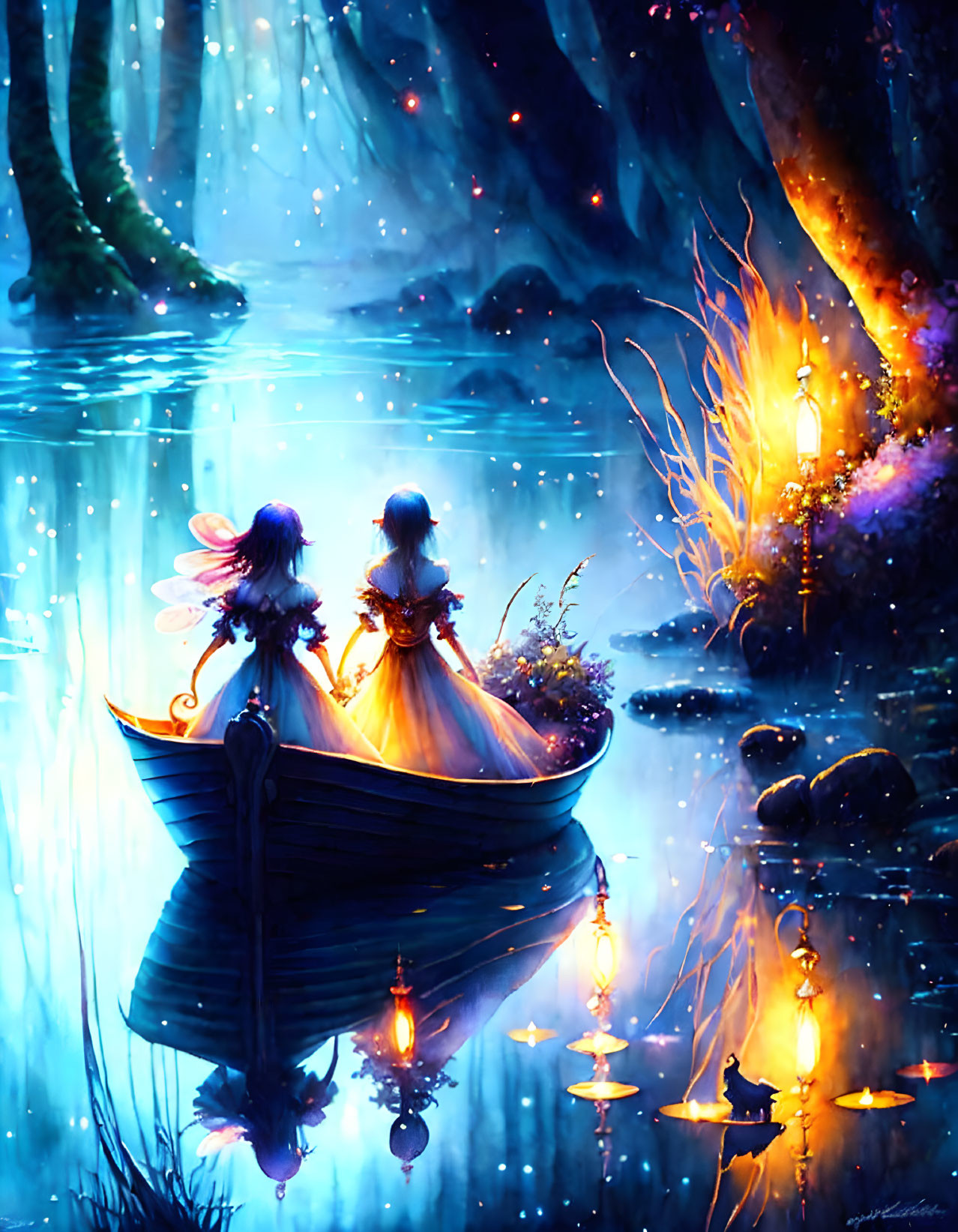 Mystical fairies in boat amid blue forest with glowing flowers