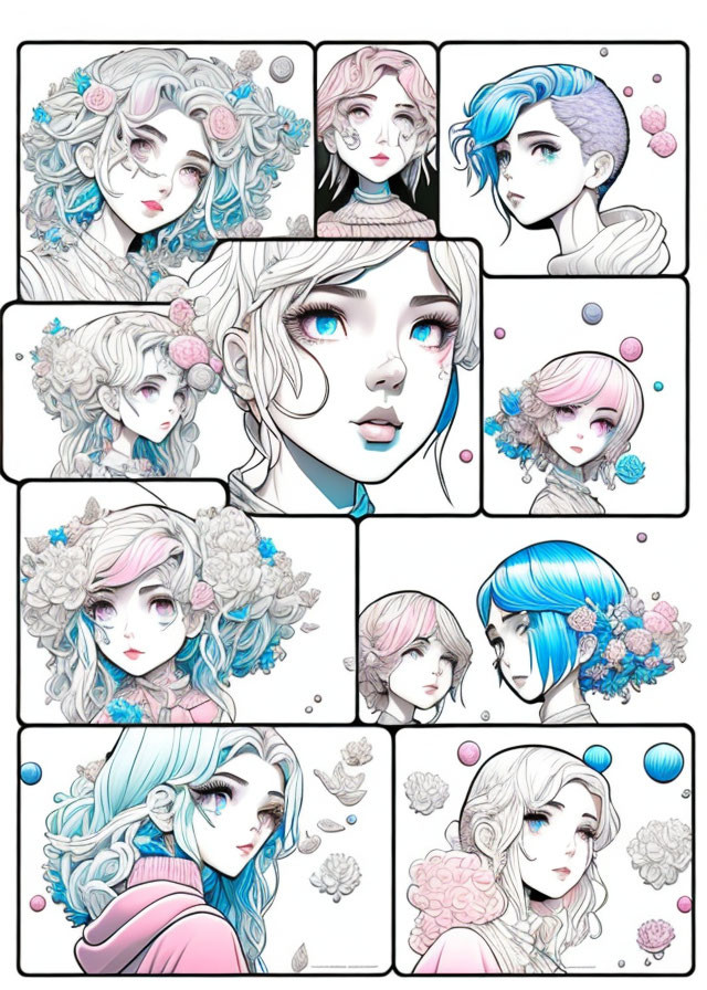 Stylized female faces with intricate hairstyles and floral motifs in pastel colors