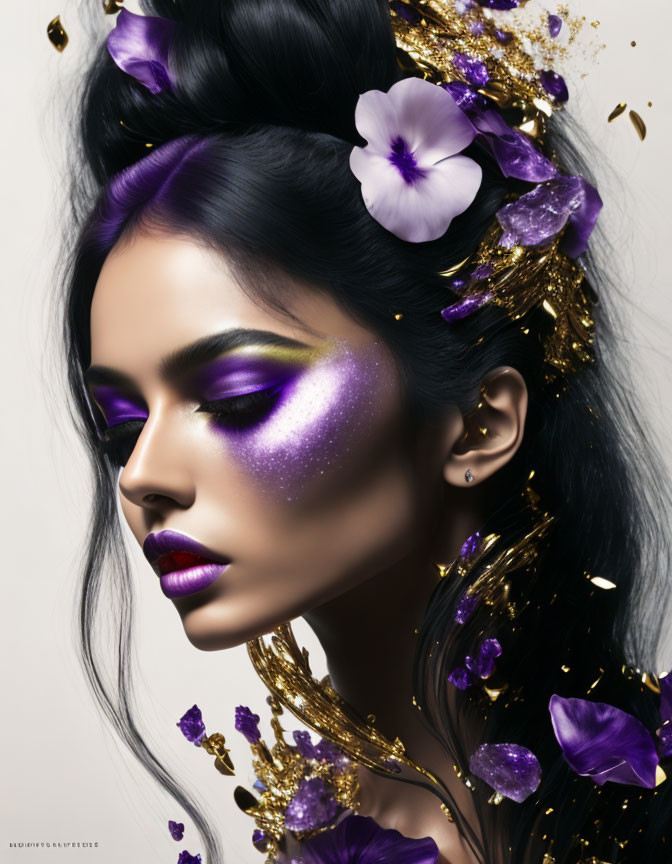 Woman portrait with dramatic purple and gold makeup and floral hair adornments