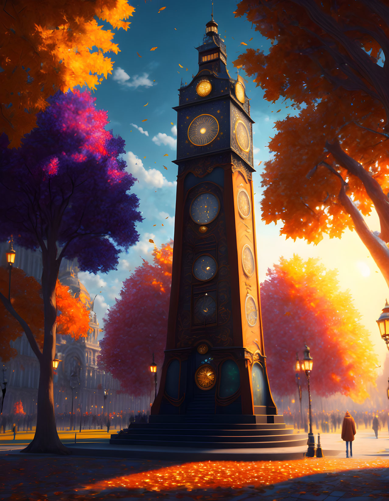 Ornate clock tower in autumn park with figure and street lamps