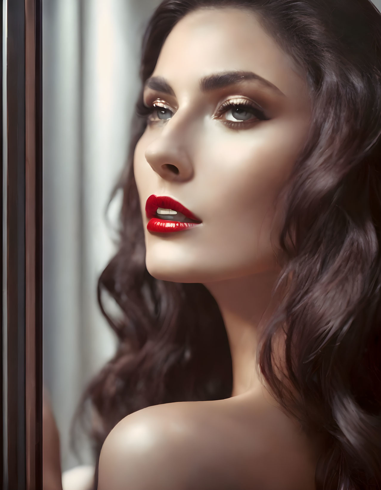 Portrait of woman with dark curly hair and red lipstick gazing out window