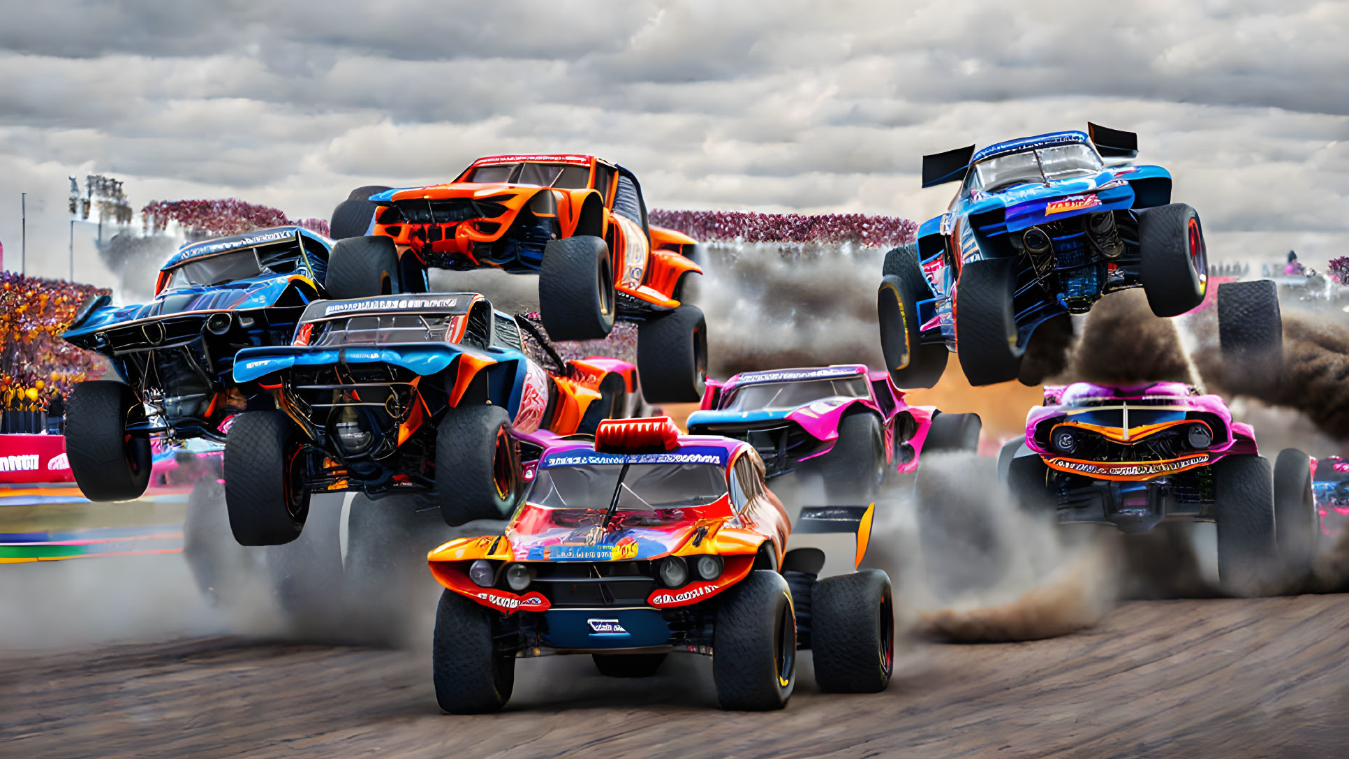 Vibrant Monster Trucks in Dusty Arena