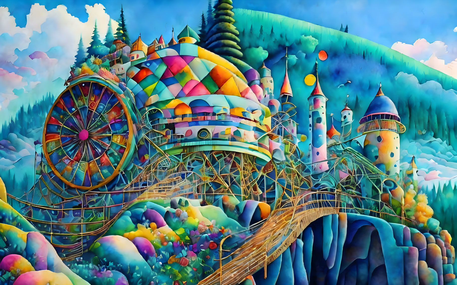 Colorful fantasy landscape with Ferris wheel and roller coaster