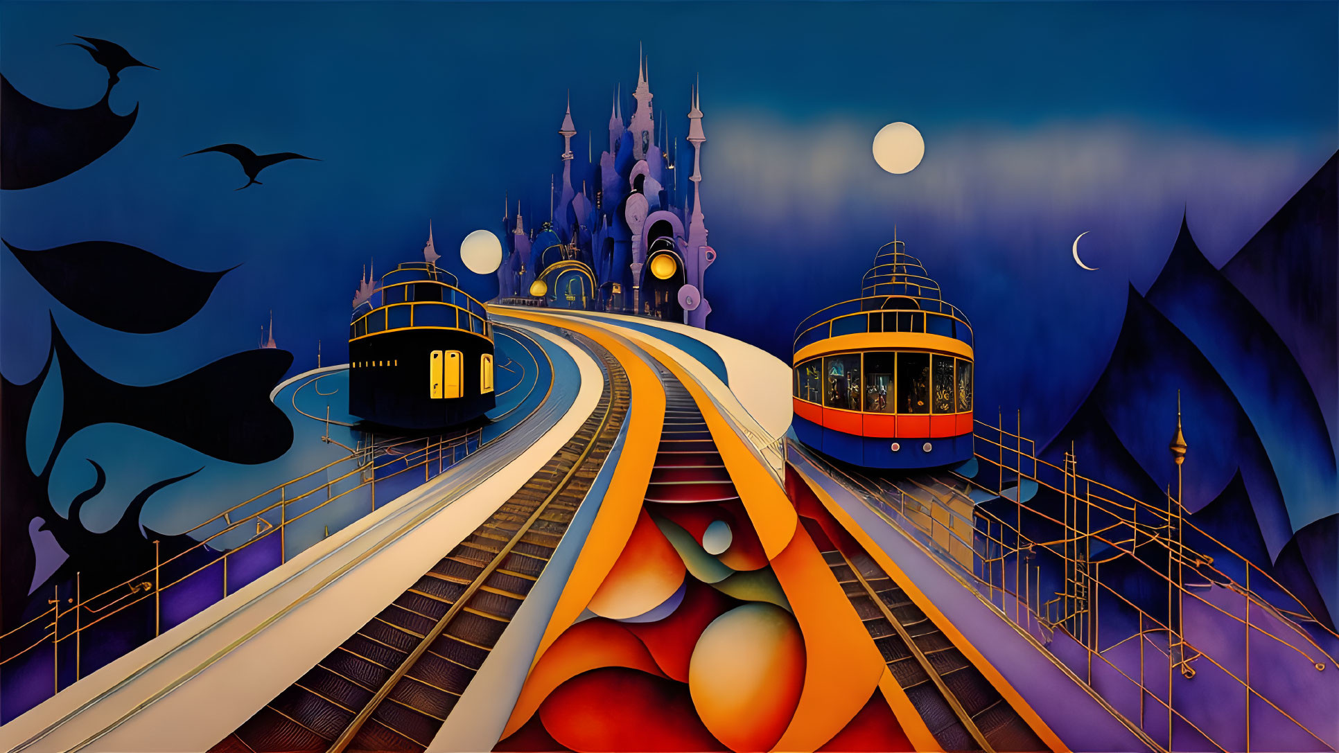 Fantasy castle and trams artwork with moons and stars