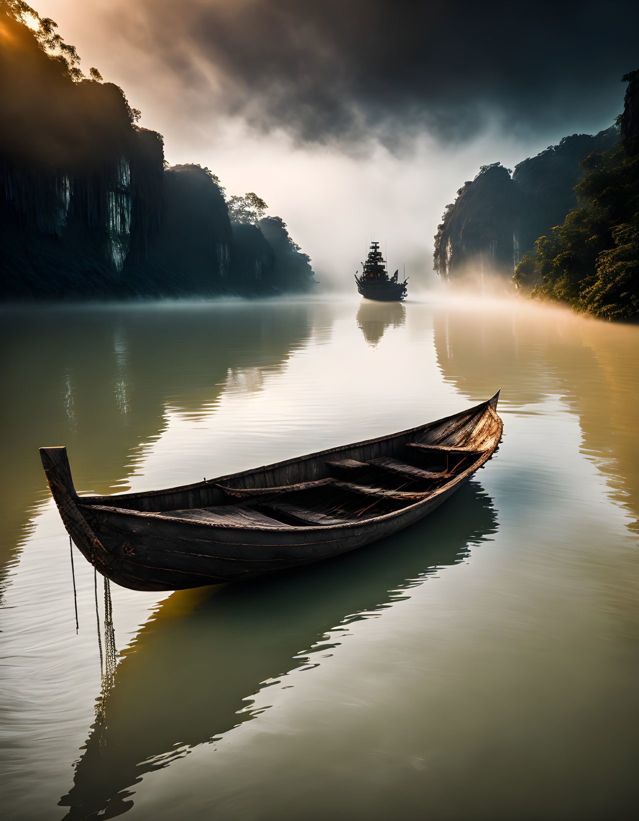 Misty river landscape with old wooden boat and distant ship