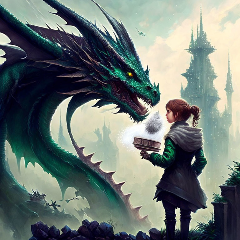 Young Girl Reading Book Faces Green Dragon in Mystical Forest with Castle Background