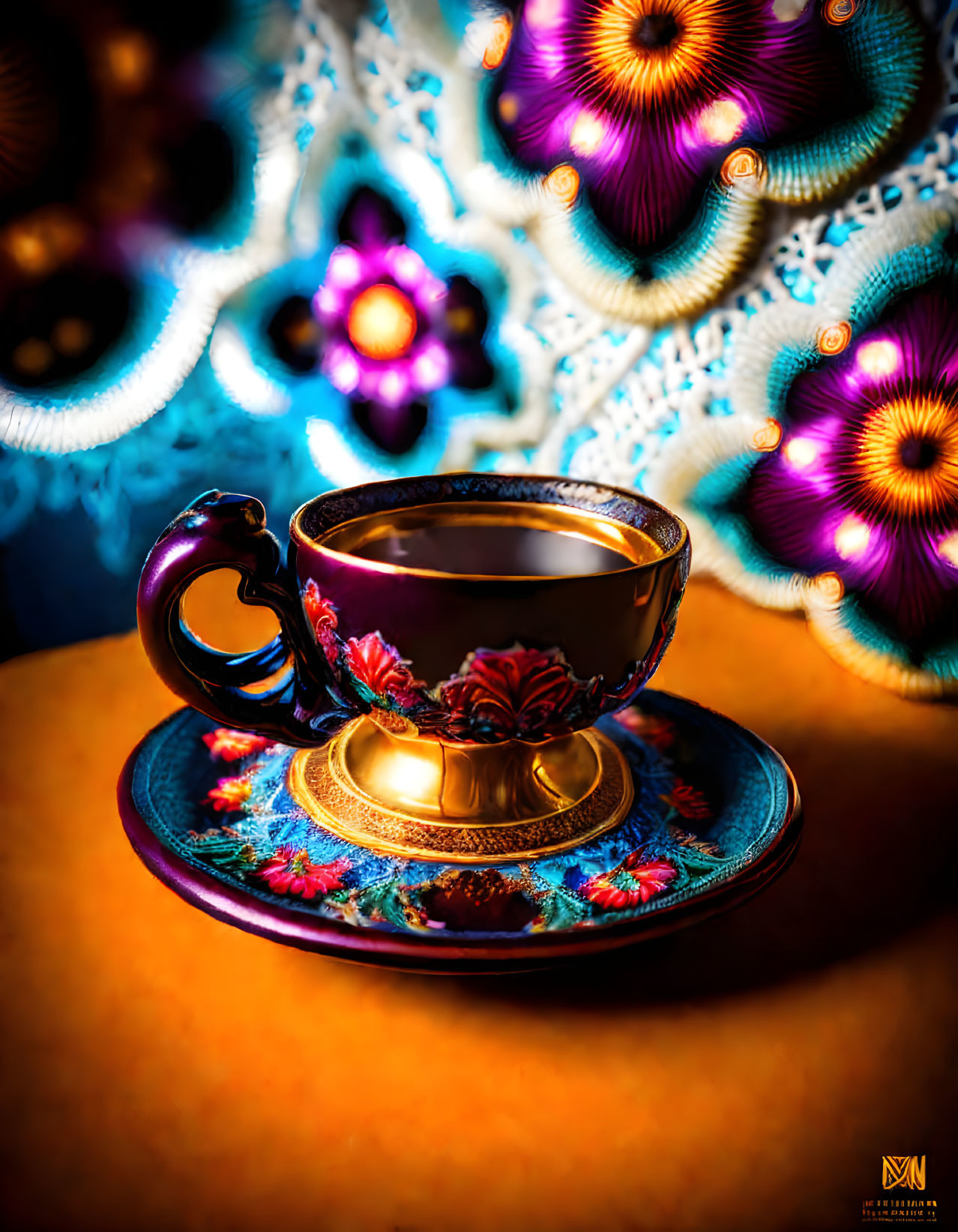 Floral-patterned ornate teacup on vivid bokeh background