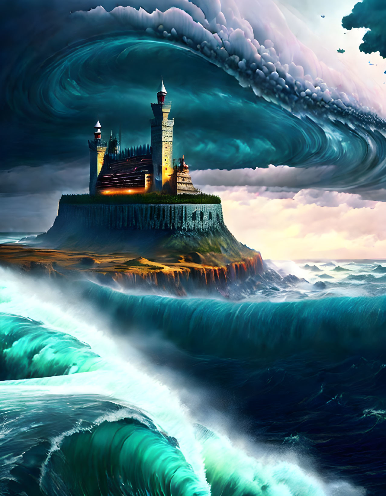 Majestic castle on cliff with swirling sky and massive waves