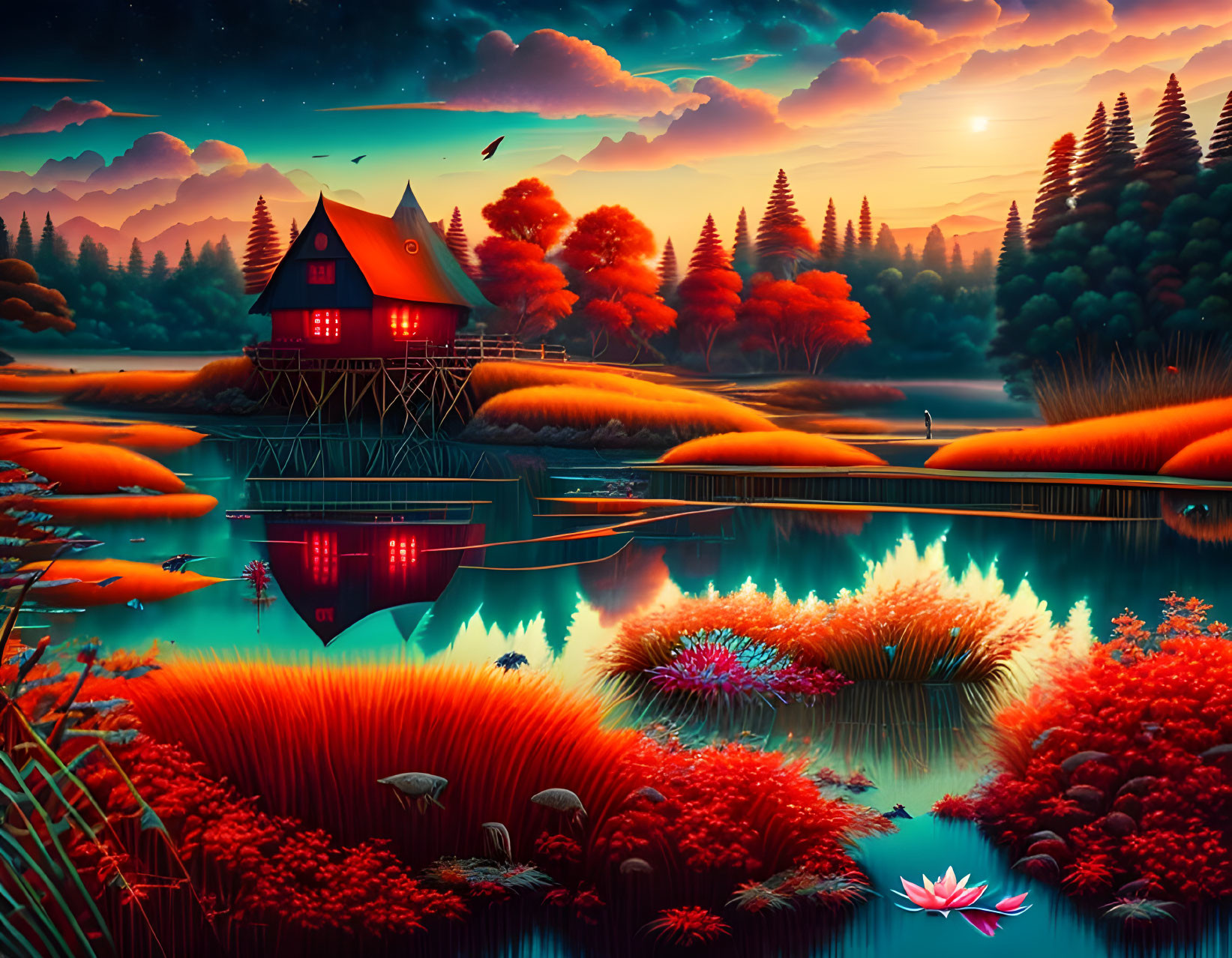 Fantasy lakeside sunset scene with wooden house and glowing flora