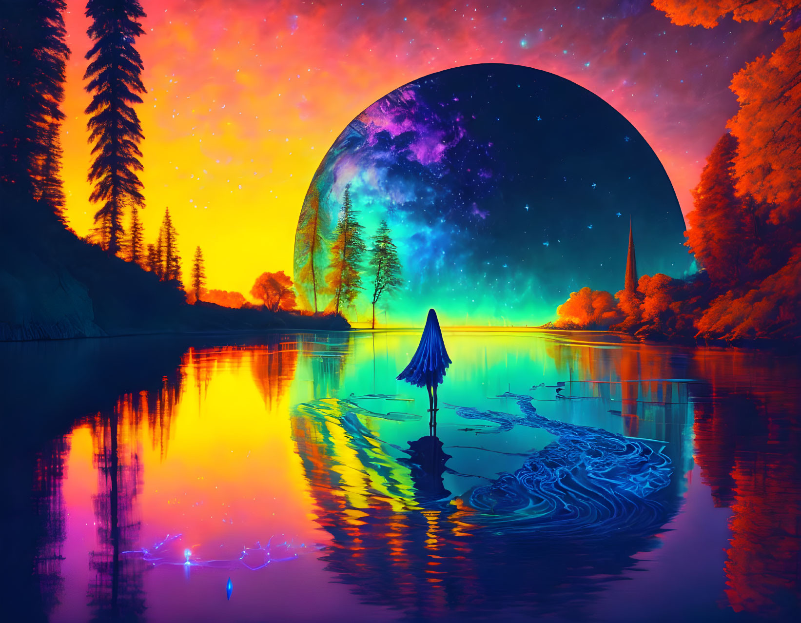 Surreal landscape digital artwork: moon, aurora sky, tranquil lake, fiery trees