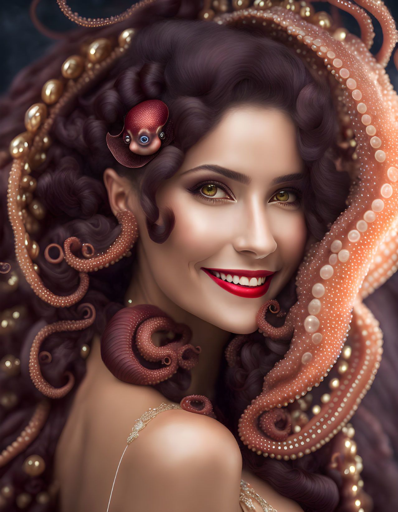 Digital artwork: Smiling woman with tentacles, pearls, green eyes, red lipstick