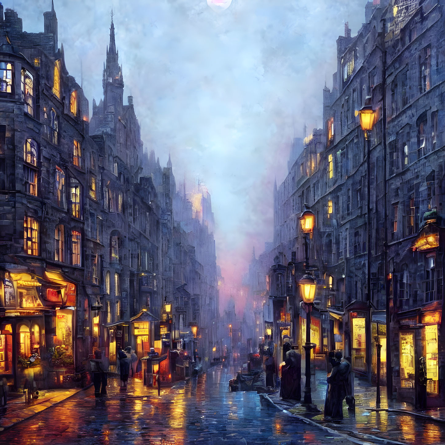 Colorful painting of a wet, illuminated twilight street scene