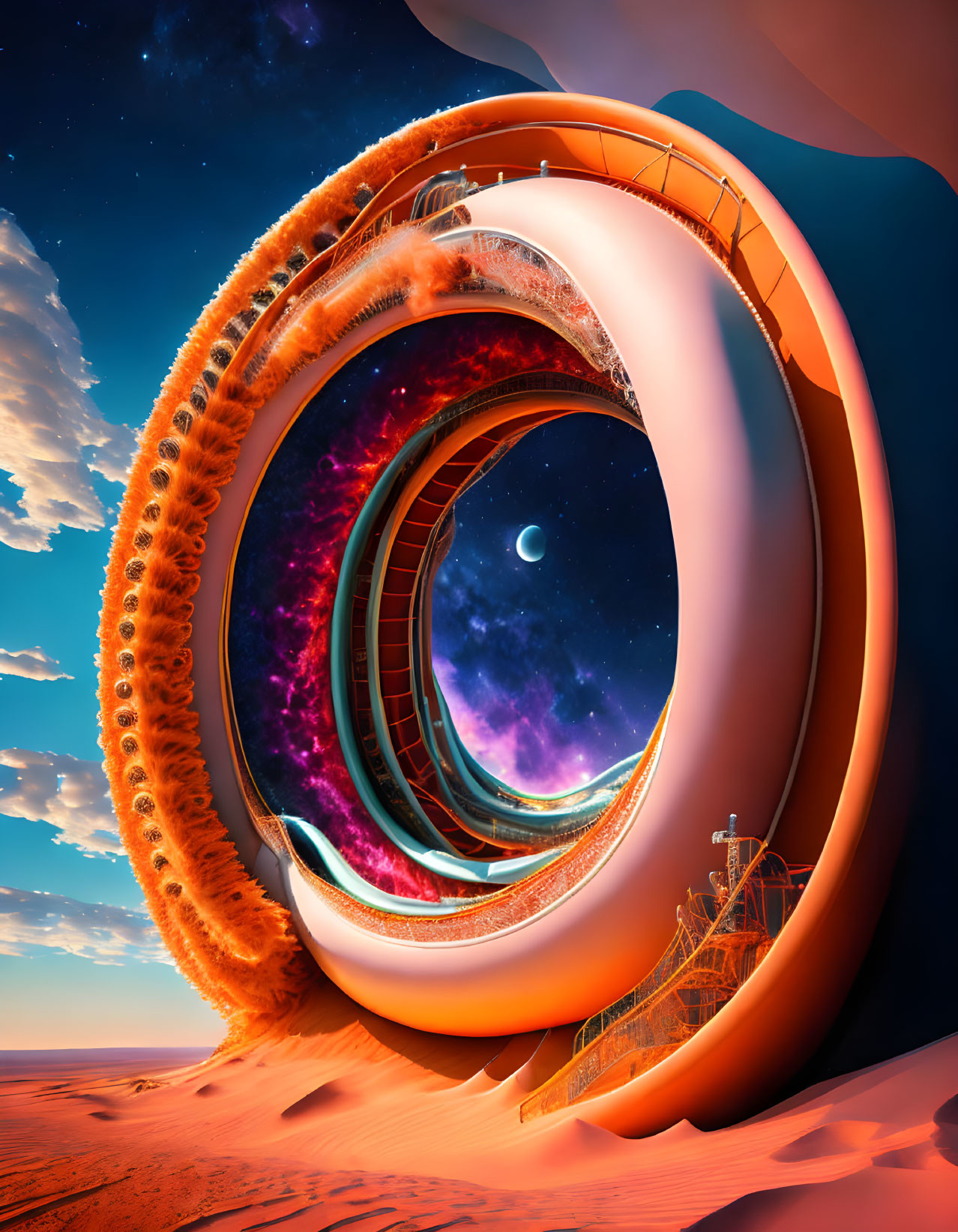 Surreal looping structure with galaxy in desert backdrop